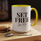 Faith Culture - Set Free John 8:36 Accent Christian Mug, 11oz & 15oz | Inspirational Color Contrast Coffee Cup 15oz Yellow