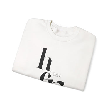 Close view of the Psalm 46:5 design on a white sweatshirt