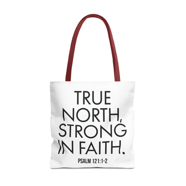 True North Strong in Faith Christian Tote Bag | Psalm 121:1-2 Scripture Gift 18" × 18'' Red