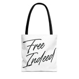 Faith Culture – Free Indeed Christian Tote Bag | Bold Faith Declaration Tote 13" × 13'' Black