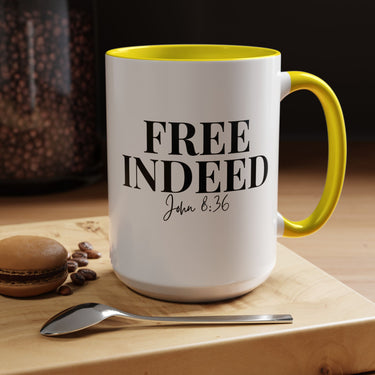 Faith Culture - Free Indeed John 8:36 Christian Accent Mug, 11oz & 15oz | Bold Faith Declaration 15oz Yellow