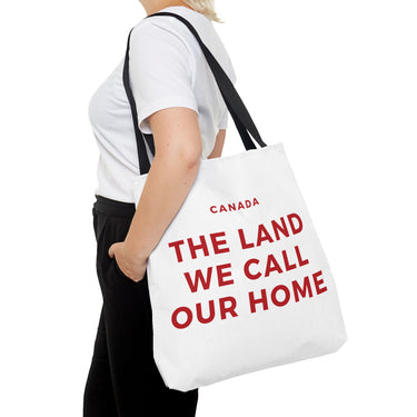 Faith Culture – The Land We Call Our Home Tote Bag | Red Canadian Anthem-Inspired Carryall 18" × 18'' Black