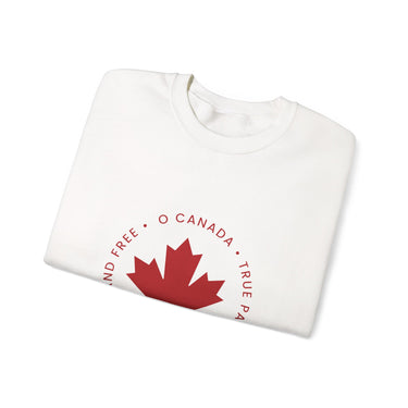 Faith Culture – O Canada Circle Maple Leaf Crewneck Sweatshirt – White with Red Print | Classic Canadian Heritage Pullover