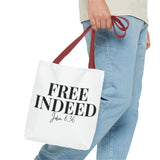 Faith Culture – Free Indeed Christian Tote Bag | John 8:36 Bible Verse Tote 13" × 13'' Red