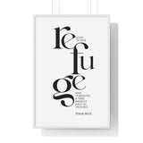 God Is Our Refuge framed Christian wall art inspired by Psalm 46:1-2, white frame with black and white scripture typography