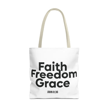 Faith Freedom Grace Christian Tote Bag | John 8:36 Bible Verse Gift 18" × 18'' Beige