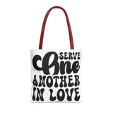 Faith Culture - Serve One Another in Love Christian Tote Bag - Inspirational Bible Verse Galatians 5:13 16" × 16'' Red