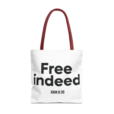 Free Indeed Christian Tote Bag | John 8:36 Bible Verse Gift 18" × 18'' Red