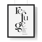 God Is Our Refuge framed Christian wall art inspired by Psalm 46:1-2, black frame with black and white scripture typography