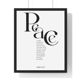 Peace framed Christian wall art inspired by John 14:27, black frame with black and white scripture typography
