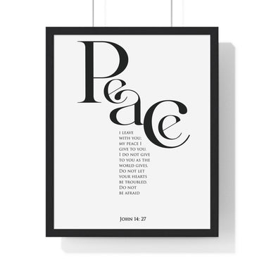 Peace framed Christian wall art inspired by John 14:27, black frame with black and white scripture typography