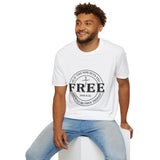 Faith Culture – Free Indeed Circle Emblem Unisex T-Shirt – White | Christian Freedom Tee with Cross Design & John 8:36