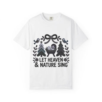 Faith Culture - Let Heaven and Nature Sing Christian Christmas T-Shirt – White | Nativity Forest Holiday Tee