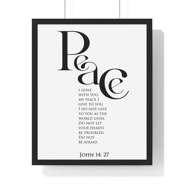 Peace Bold Verse framed Christian wall art inspired by John 14:27, black frame with black and white scripture typography
