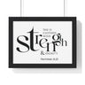 Strength and Dignity Bold framed Christian wall art, Proverbs 31:25, black lettering on white with a black wooden frame