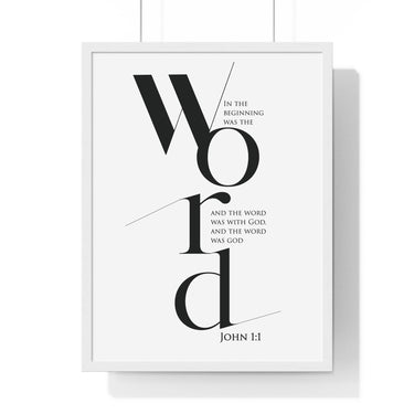In the Beginning Was the Word framed Christian wall art inspired by John 1:1, black frame with black and white scripture typography