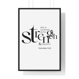 Strength and Dignity framed Christian wall art inspired by Proverbs 31:25, black frame with black and white scripture typography