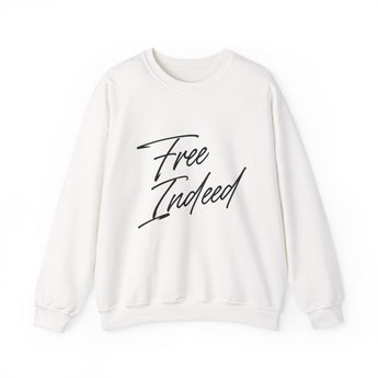 Faith Culture – Free Indeed Christian Crewneck Sweatshirt – White | Minimal Script Style Based on John 8:36 White