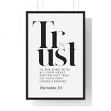 Trust in the Lord framed Christian wall art inspired by Proverbs 3:5, black frame with black and white scripture typography