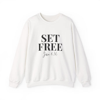 Faith Culture – Set Free John 8:36 Unisex Crewneck Sweatshirt – White | Bold Scripture-Based Christian Apparel