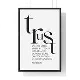 Trust in the Lord Classic framed Christian wall art inspired by Proverbs 3:5, black frame with black and white scripture typography