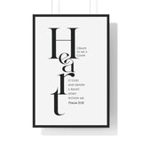 Create in Me a Clean Heart framed Christian wall art inspired by Psalm 51:10, black frame with black and white scripture typography