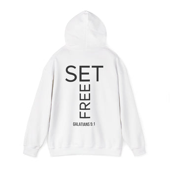 Set Free Back Print Christian Hoodie | Galatians 5:1 Scripture Apparel White