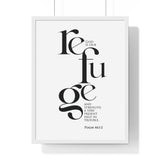 God Is Our Refuge framed Christian wall art inspired by Psalm 46:1-2, white frame with black and white scripture typography