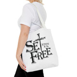 Faith Culture – Set Free John 8:36 Christian Tote Bag | Bold Cross & Scripture 16" × 16'' White