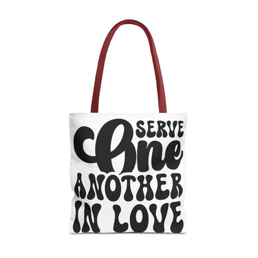 Faith Culture - Serve One Another in Love Christian Tote Bag - Inspirational Bible Verse Galatians 5:13 18" × 18'' Red