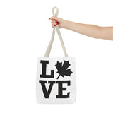 Faith Culture – LOVE Maple Leaf Tote Bag | Bold Minimalist Canadian-Inspired Carryall 13" × 13'' Beige