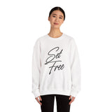 Faith Culture – Set Free Christian Crewneck Sweatshirt – White | Elegant Script Typography Sweatshirt