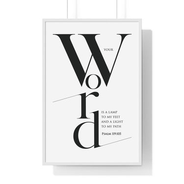 Your Word Is a Lamp framed Christian wall art inspired by Psalm 119:105, white frame with black and white scripture typography