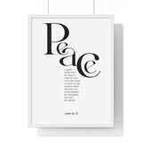 Peace framed Bible verse wall art inspired by John 14:27, white frame with black and white scripture typography