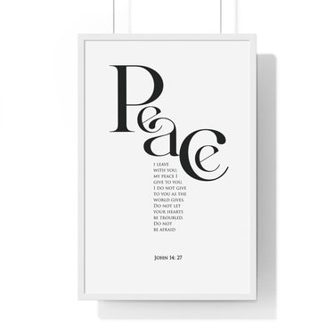 Peace framed Christian wall art inspired by John 14:27, white frame with black and white scripture typography