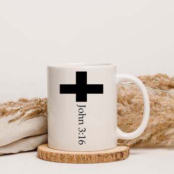 Faith Culture - John 3:16 Cross Ceramic Mug – White | Minimalist Christian Coffee Mug (11oz, 15oz)