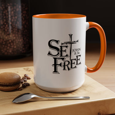 Faith Culture - Set Free John 8:36 Christian Accent Mug, 11oz & 15oz | Bold Cross Design Coffee Cup 15oz Orange