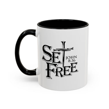 Faith Culture - Set Free John 8:36 Christian Accent Mug, 11oz & 15oz | Bold Cross Design Coffee Cup