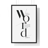 In the Beginning Was the Word framed Christian wall art inspired by John 1:1, black frame with black and white scripture typography