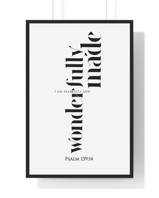 Fearfully and Wonderfully Made framed Christian wall art inspired by Psalm 139:14, black frame with black and white scripture typography