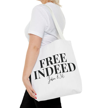 Faith Culture – Free Indeed Christian Tote Bag | John 8:36 Bible Verse Tote 16" × 16'' White
