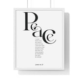 Peace framed Bible verse wall art inspired by John 14:27, white frame with black and white scripture typography