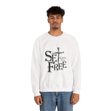 Faith Culture – Set Free Christian Crewneck Sweatshirt – White | John 8:36 Scripture Apparel