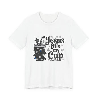 Faith Culture - Jesus Fills My Cup Unisex T-Shirt – White | Psalm 23 5 Christian Coffee Tee