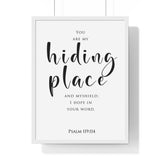 My Hiding Place framed Bible verse wall art inspired by Psalm 119:114, white frame with black and white scripture typography