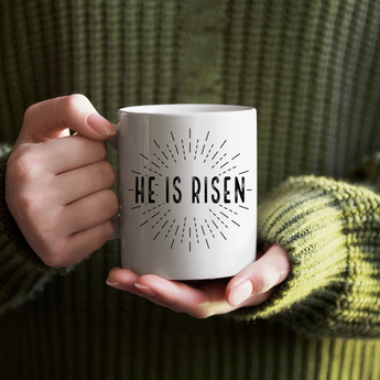 Faith Culture - He Is Risen Accent Mug, 11oz – Christian Easter Coffee Mug | Vintage Style Resurrection Design