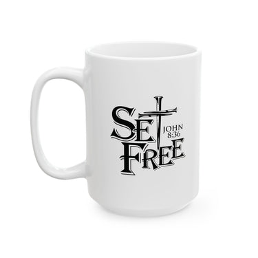 Faith Culture – Set Free John 8:36 Christian Coffee Mug – Bold Cross Scripture Design, 11oz & 15oz 15oz