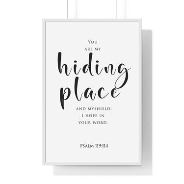 My Hiding Place framed Christian wall art inspired by Psalm 119:114, white frame with black and white scripture typography
