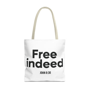 Free Indeed Christian Tote Bag | John 8:36 Bible Verse Gift 18" × 18'' Beige