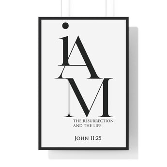 The Resurrection and the Life framed Christian wall art inspired by John 11:25, black frame with black and white scripture typography